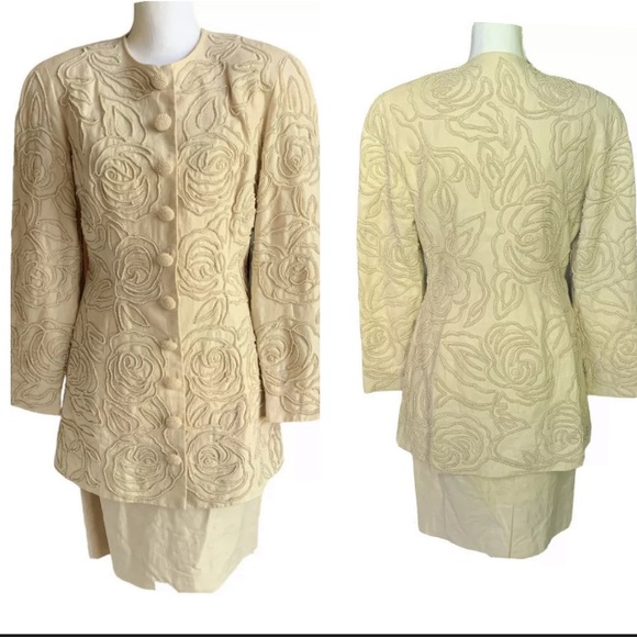 Marie St Claire Skirt Suit Jacket Special Occasion 6 Linen Pearl Beaded Formal